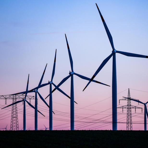 Windräder hinter Stromleitungen