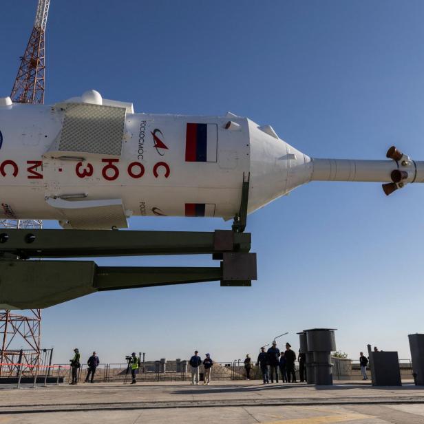 The Soyuz MS-22 spacecraft for the new International Space Station (ISS) crew is transported to the launchpad ahead of its upcoming launch, at the Baikonur Cosmodrome