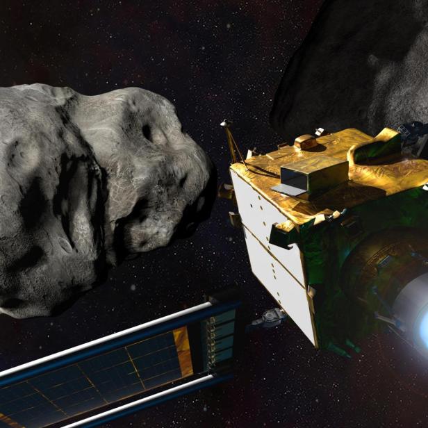 Illustration of NASA's DART spacecraft prior to impact at the Didymos binary asteroid system