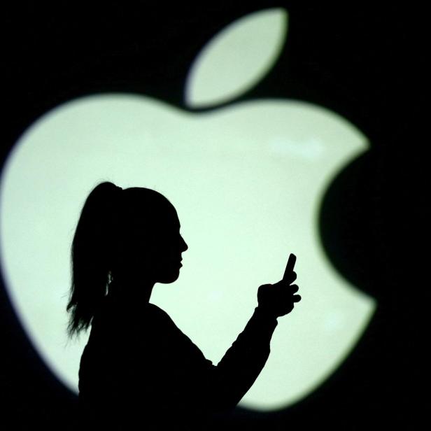 FILE PHOTO: Picture illustration of a silhouette of a mobile user next to a screen projection of the Apple logo