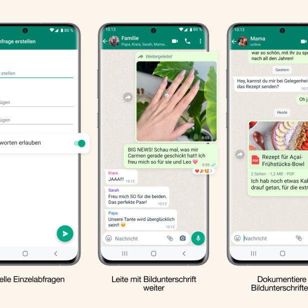 Neue Optionen bei WhatsApp für Umfragen, das Weiterleiten von Bildern und Teilen von Dokumenten