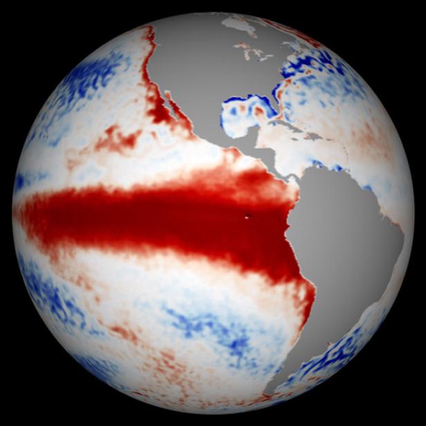 In Rot eingezeichnet das wärmere Wasser, das durch El Nino in Richtung Südamerika geschaufelt wird.