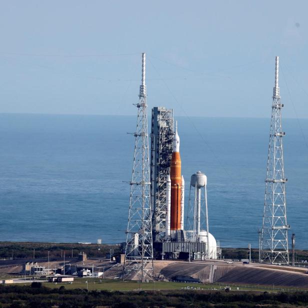 NASA's next-generation moon rocket, the Space Launch System (SLS) rocket is readied for launch at Cape Canaveral