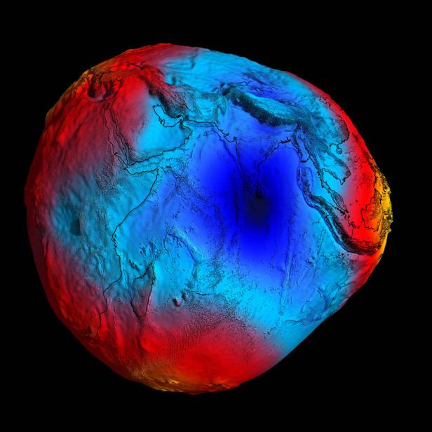 Das Geoid aus der Sicht eines Satelliten. In blau das Indian Ocean Geoid Low.