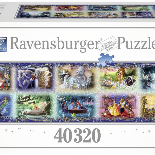 Ein Ravensburger Puzzle mit 40320 Teilen und Disney-Motiven wie Schneewittchen, Dumbo und König der Löwen.