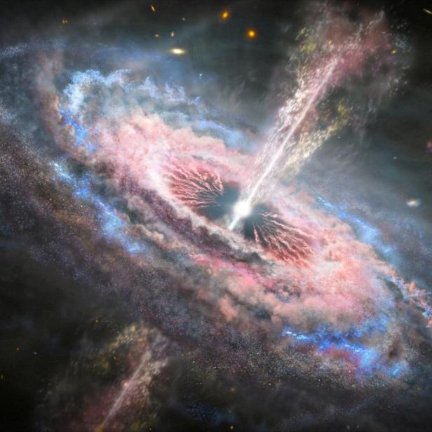 This artist's concept shows a galaxy with a brilliant quasar