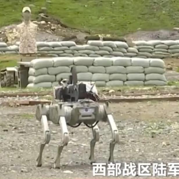 Screenshot zeigt Roboterhund mit Sturmgewehr