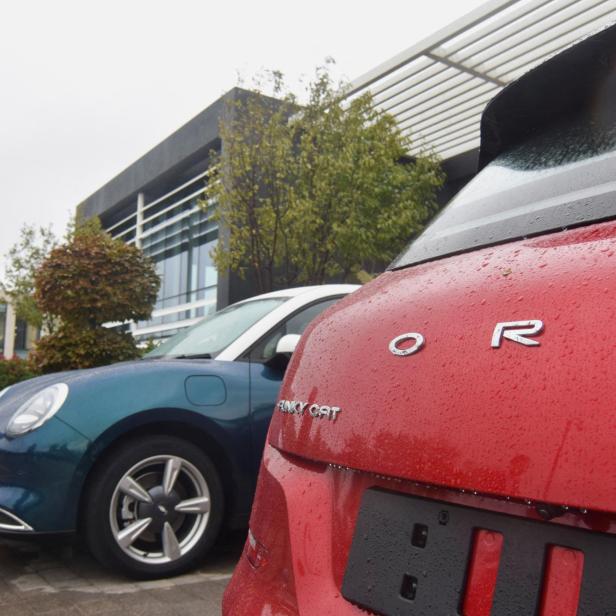 Toby Marshall of Chinese carmaker Great Wall Motor's ORA brand presents fully electric ORA Funky Cat hatchback car ahead of its British launch, in Solihull