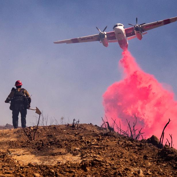 Löschflugzeug versprüht leuchtend rotes brandhemmendes Mittel über verbranntem Wald