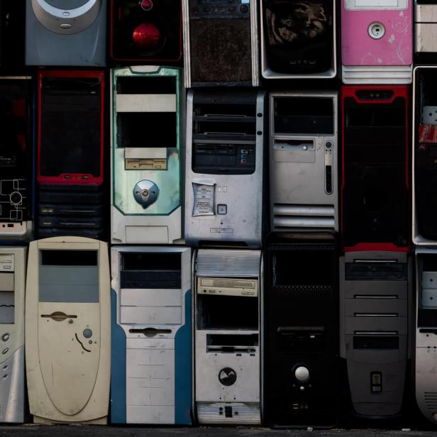 Waste Stacks of old personal computers and pc cases