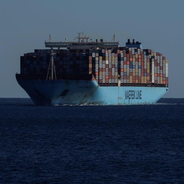 Containers are seen on the Maersk's Triple-E giant container ship Majestic Maersk as it sails in the Strait of Gibraltar towards the port of Algeciras