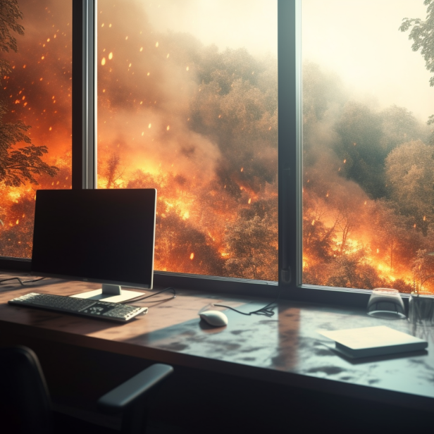Ein Schreibtisch mit Blick auf einen Waldbrand durch ein großes Fenster.
