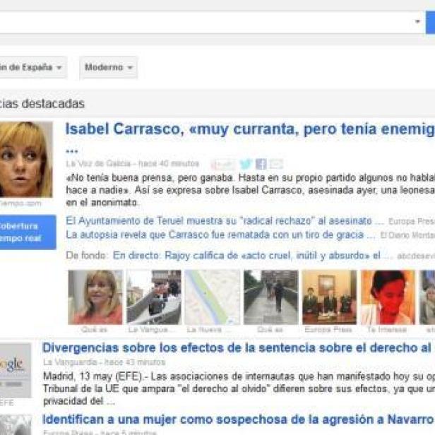 Ein Screenshot der Google News-Seite mit Artikeln über Isabel Carrasco.