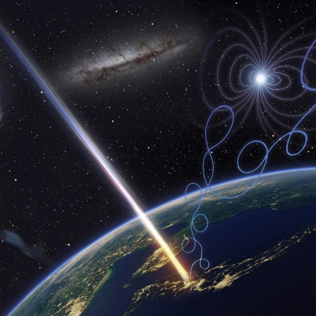 Künstlerische Darstellung des Einschlags des hochenergetischen kosmischen Strahls auf der Erde