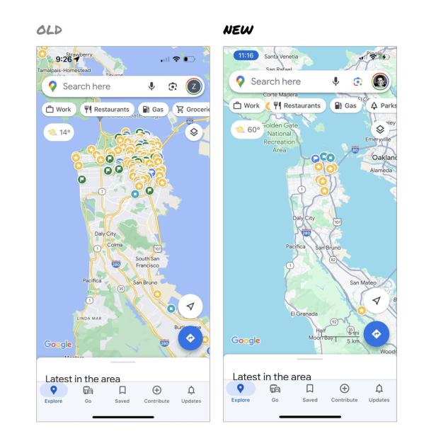 Vergleich des alten und neuen Designs von Google Maps