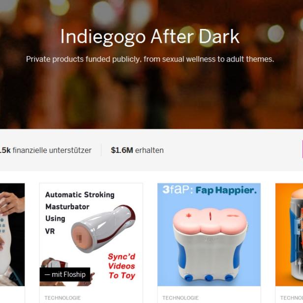 Eine Crowdfunding-Seite für sexuelle Wellness-Produkte namens „Indiegogo After Dark“.