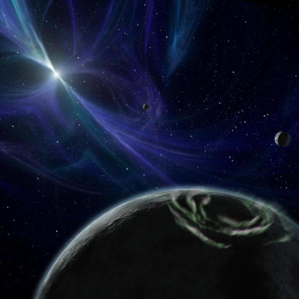 Künstlerische Darstellung: Elektronmagnetische Strahlung eines Pulsars könnte flackernde Polarlichter auf einem Exoplaneten auslösen