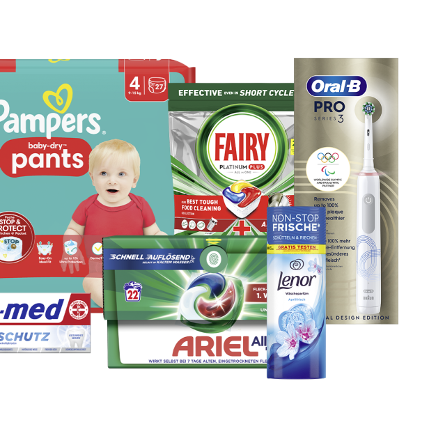 Eine Auswahl an Haushaltsprodukten, darunter Rasierer, Shampoo, Windeln, Zahnpasta, Geschirrspülmittel, Waschmittel und eine elektrische Zahnbürste.