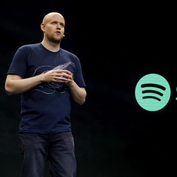 FILE PHOTO: Spotify CEO Daniel Ek speaks  during a press event in New York