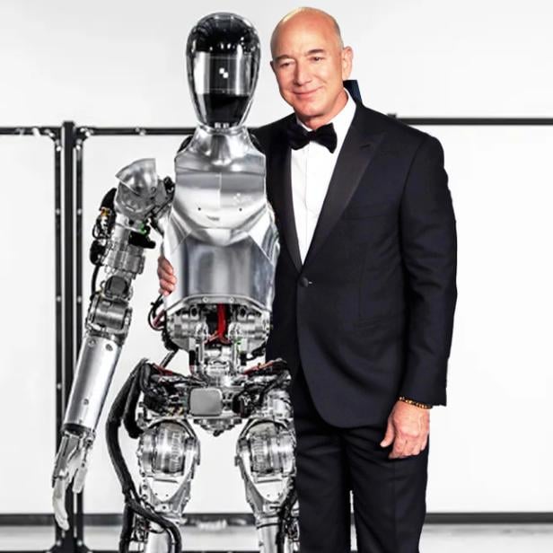 Fotomontage mit Jeff Bezos im Smoking, der einen Figure 01 Roboter umarmt