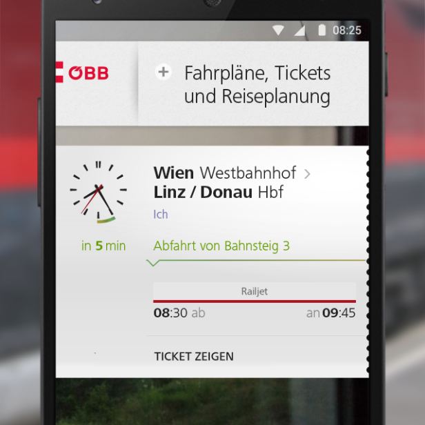 Auf der Startseite der ÖBB App können Kunden ihre häufig genutzten Verbindungen ablegen. Der Fahrplan wird bei App-Start aktualisiert.