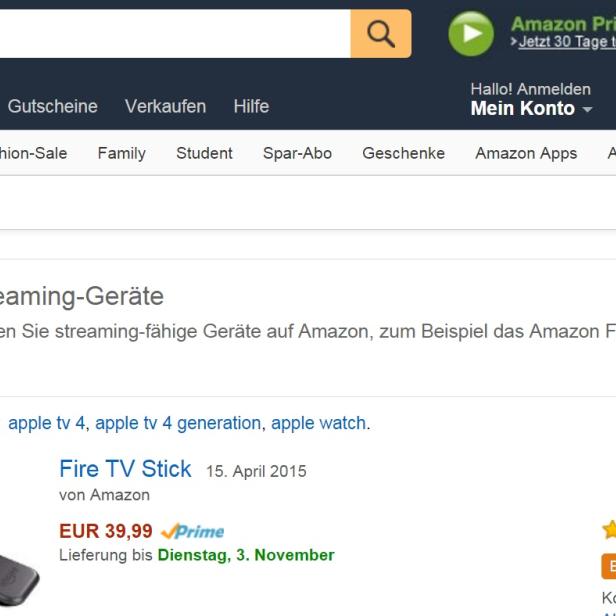 Sucht man auf Amazon nach Apple TV, findet man nur Amazons hauseigene Fire-TV-Produkte