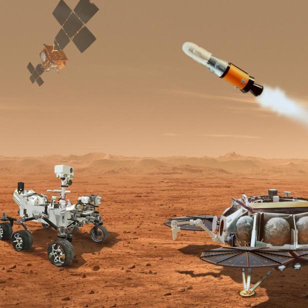 Das &quot;Team&quot; der &quot;Mars Sample Return&quot;-Mission: Perseverance, ein Proben-Helikopter, ein Mars Lander, eine Mars-Rakete und der &quot;Earth Return Orbiter&quot;