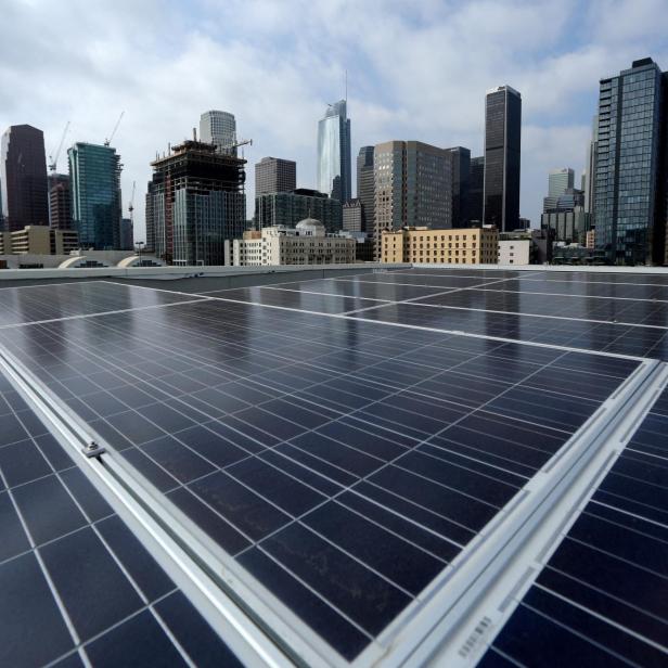 FILE PHOTO: Solar electric panels on residential building in downtown Los Angeles