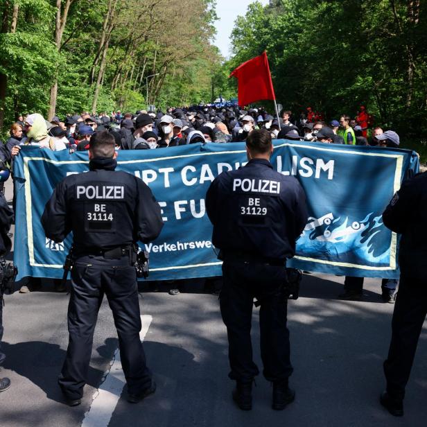 Activists protest against the expansion of the Tesla Gigafactory in Gruenheide