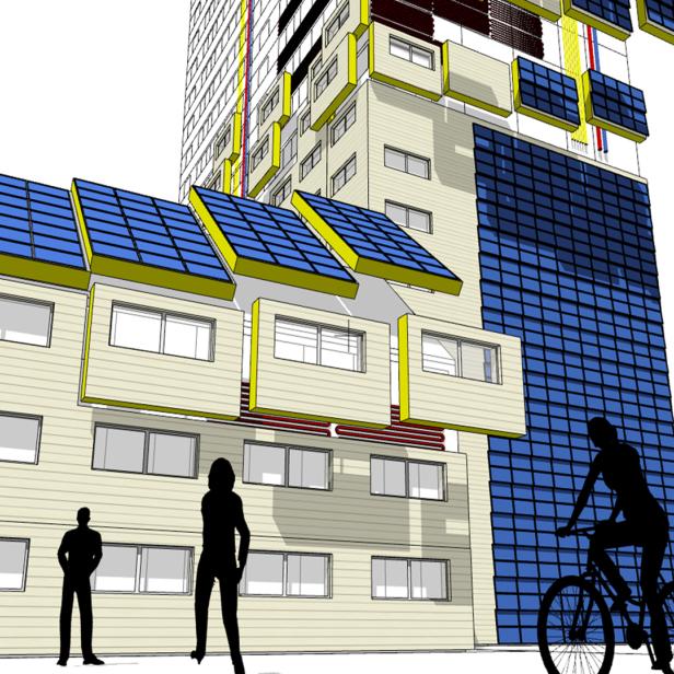 Beim Projekt RENVELOPE werden Bestandsgebäude mit einer modularen Hülle versehen, die Heizung, Lüftung, Energieerzeugung und mehr abdeckt