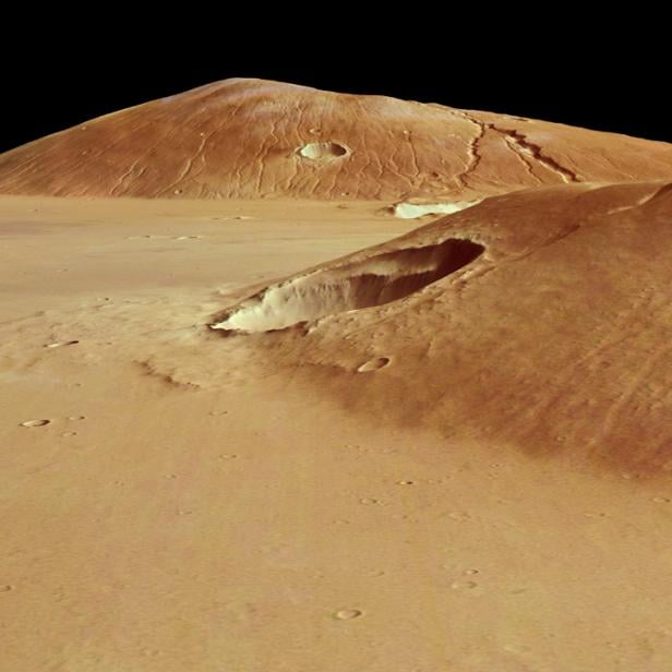 3D-Ansicht der Mars-Vulkane Ceraunius Tholus und Uranius Tholus