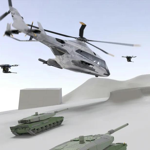 Rendering von futuristischem Airbus-Hubschrauber, der gemeinsam mit Panzern und Drohnen eingesetzt wird