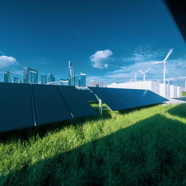 Modern black frameless solar panel farm, battery energy storage and wind turbines on fresh green grass under blue sky - concept of green sustainable energy  system. 3d rendering.