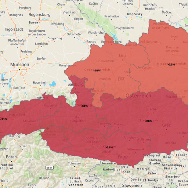 So sah es am Samstag in Österreich aus. Der stärkste Rückgang war am Anfang der Unwetter in Tirol mit 31 Prozent. Im Laufe des Wochenendes veränderte sich die Lage jedoch.