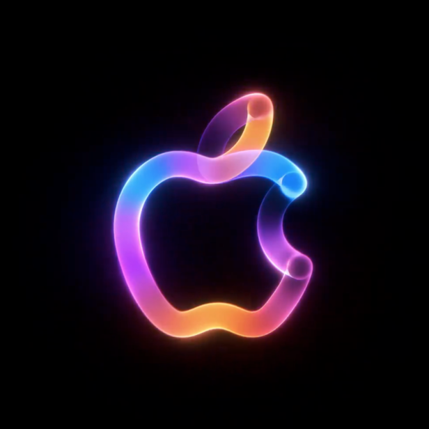 Das Apple-Logo leuchtet in verschiedenen Farben auf schwarzem Hintergrund.