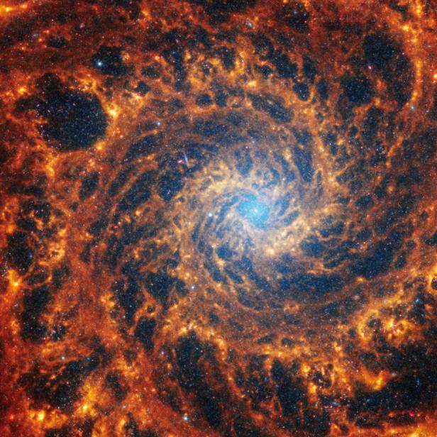 FILE PHOTO: Spiral galaxy NGC 628, located 32 million light-years away from Earth, is seen in an image from the James Webb Space Telescope