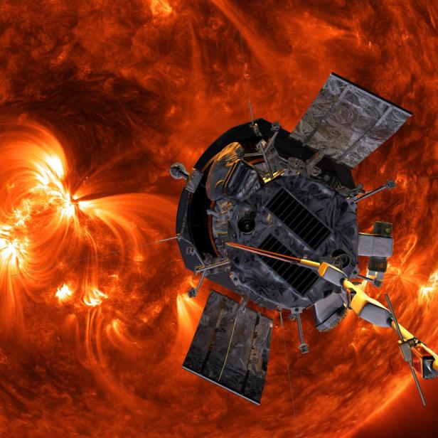 Artist's concept shows the Parker Solar Probe spacecraft flying into the Sun's outer atmosphere