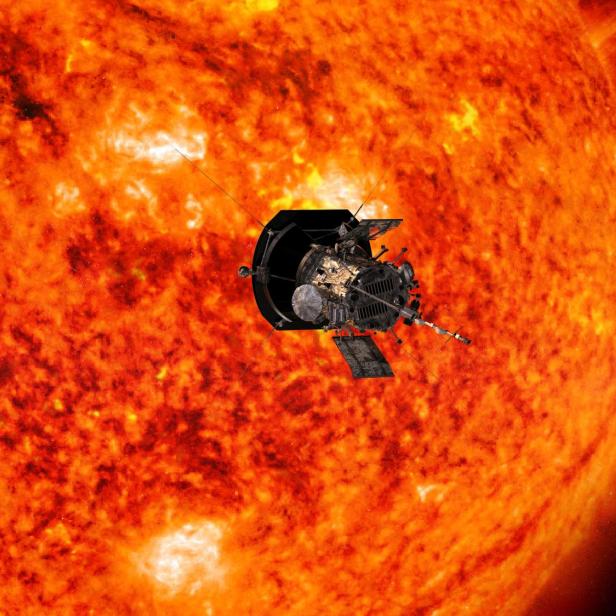 Artist's concept shows the Parker Solar Probe spacecraft flying into the Sun's outer atmosphere