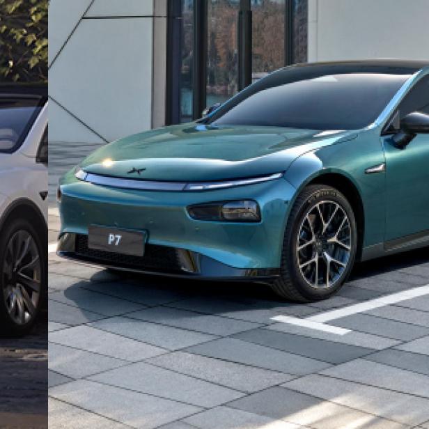 Das neue Tesla Model Y (links) und der Xpeng P7 (rechts)