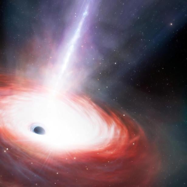 An artist's illustration shows a rapidly feeding black hole that is emitting powerful gas outflows