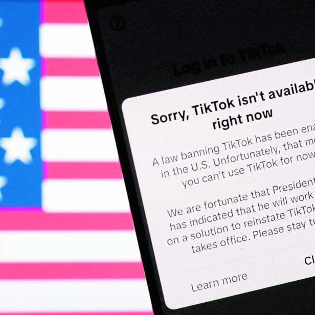 Illustration shows the U.S. flag and TikTok app with the message "Sorry, TikTok isn't available right now\