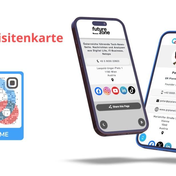 Zwei Handys, auf der eine digitale Visitenkarte zu sehen ist. Daneben ein QR-Code.