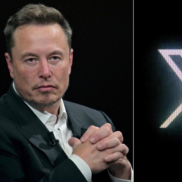 Elon Musk im Anzug, daneben das weiße X-Logo auf schwarzem Grund