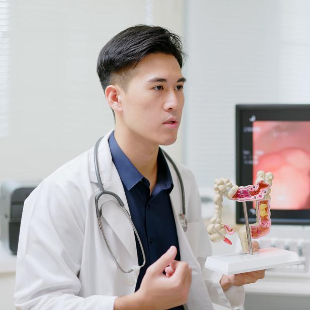 Ein Arzt erklärt einem Patienten den Darm anhand eines Modells.