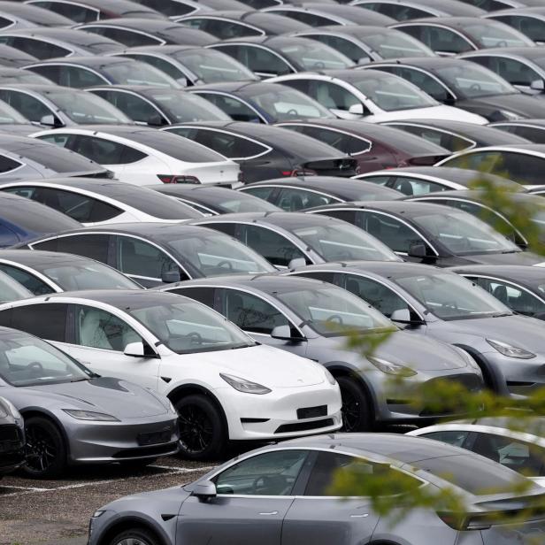 Geparkte Teslas.