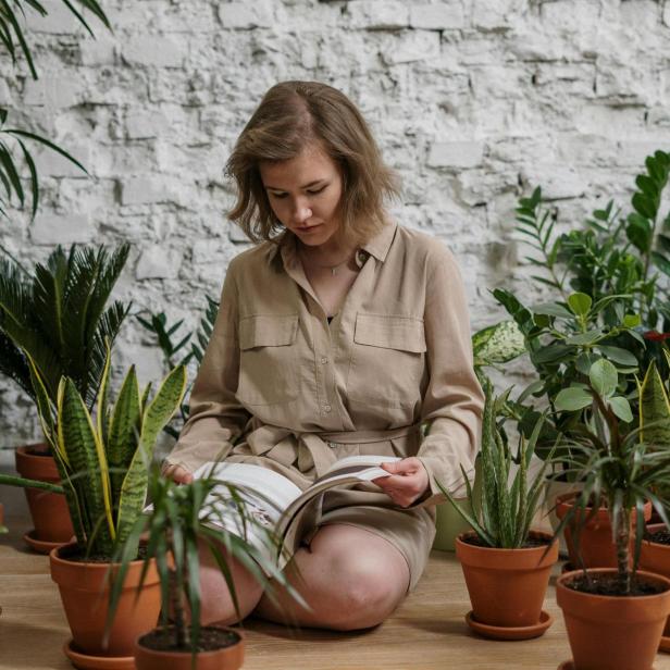Eine Frau sitzt am Boden zwischen ihren Hauspflanzen und liest ein Buch.