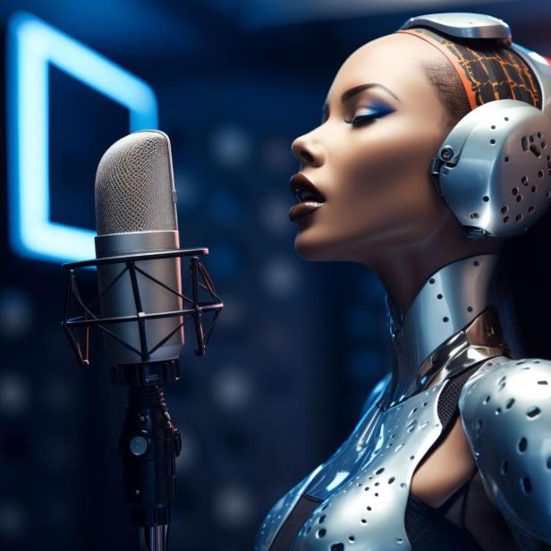 Eine Frau in futuristischer Kleidung singt leidenschaftlich in ein Mikrofon.