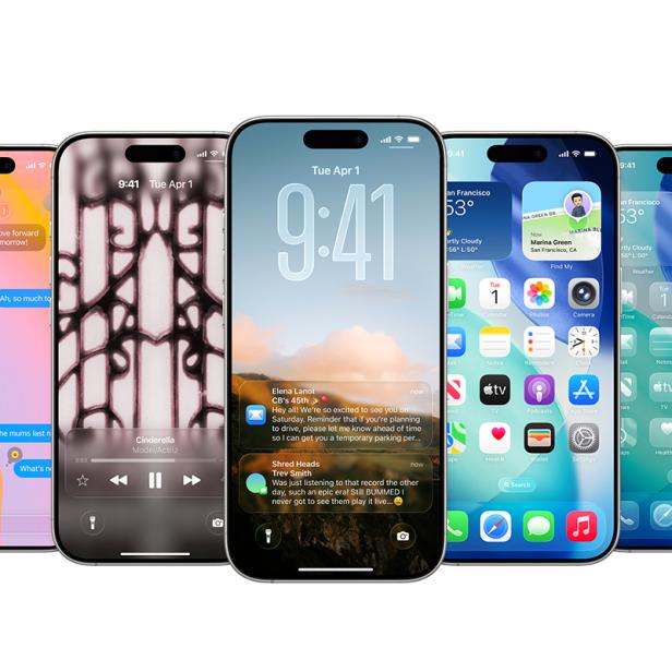 Fünf moderne Smartphones nebeneinander zeigen verschiedene bunte Benutzeroberflächen mit Apps, Nachrichten und Widgets.