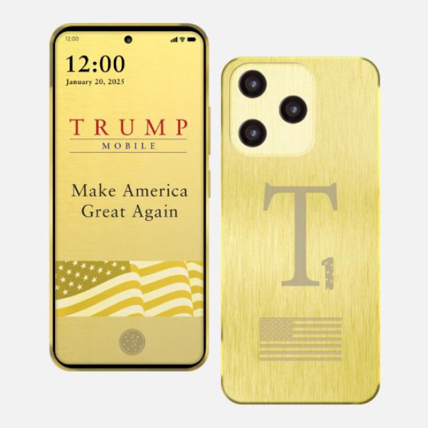 Ein goldenes „Trump Mobile“-Smartphone mit der Aufschrift „Make America Great Again“.