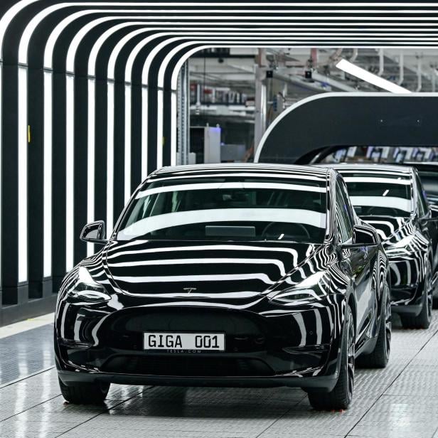 FILE PHOTO: Tesla Model Y cars are shown in a factory in Germany